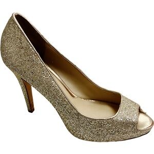 WHBM Dancer Glittery Gold Peep Toe Stiletto Pump Heels SZ 8 Holiday Sexy Party